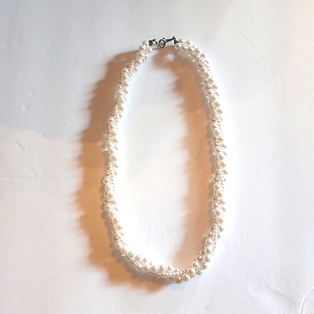 #30 Pearl Bead Necklace, Twisted Triple Strand Necklace, Creamy White Beads